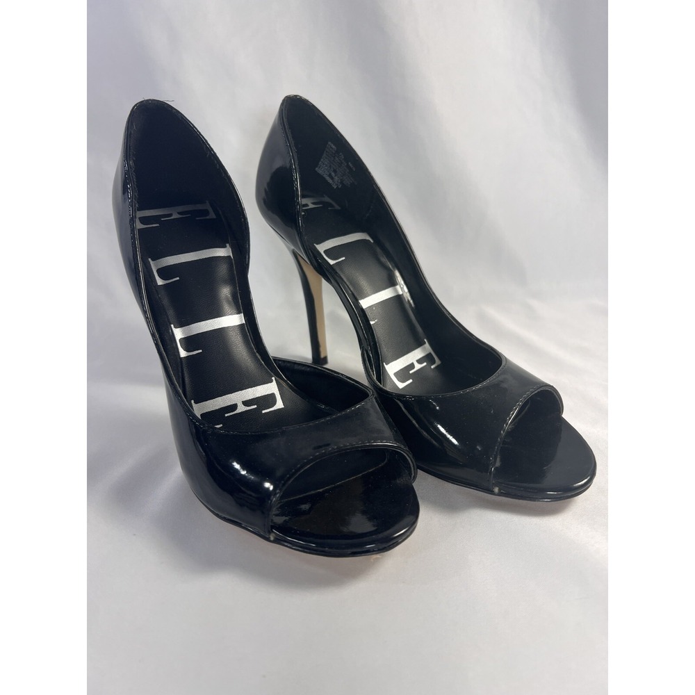 Elle Womens Black Patent Leather Peep Toe Stiletto Heels Size 7.5 D'Orsay Pumps